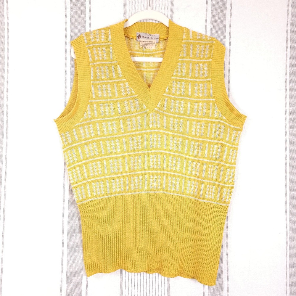 Vintage Sweater Vest Womens Large Mustard Yellow Knit Tennis Prep V Neck Top